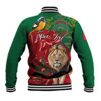 Green and red baseball jacket back with lion portrait and Moroccan crest graphic