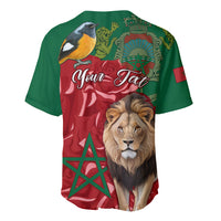 Baseball jersey in green and red with lion face, bird, and 'Your Text' script