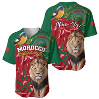 Pair of baseball jerseys, green and red, each with lion face and bird graphic