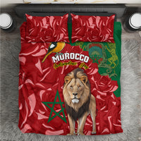 Morocco-themed bedding set with red rose pattern, lion portrait, and green accent.