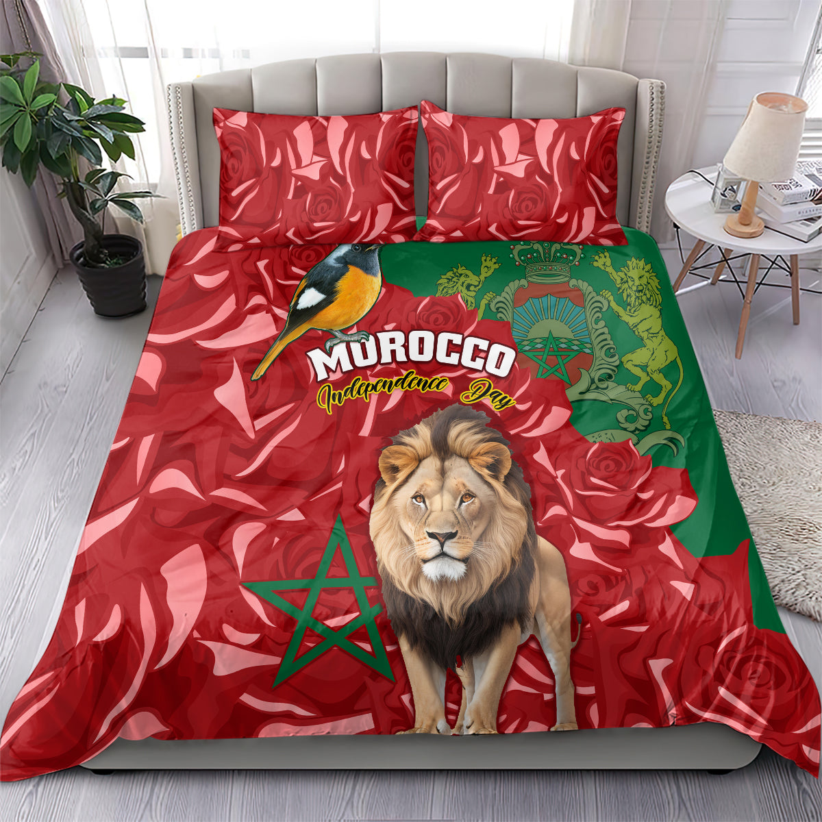 Morocco-themed duvet set with red rose pattern, lion front portrait, and green panel.