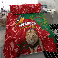 Morocco-themed duvet set with bird graphic, lion face, red rose swirls, and green panel.