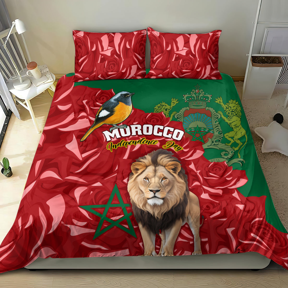 Morocco-themed bedding set with bird and lion graphics, red rose swirls, and green crown.
