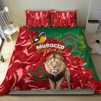 Morocco-themed bedding set with bird and lion graphics, red rose swirls, and green crown.