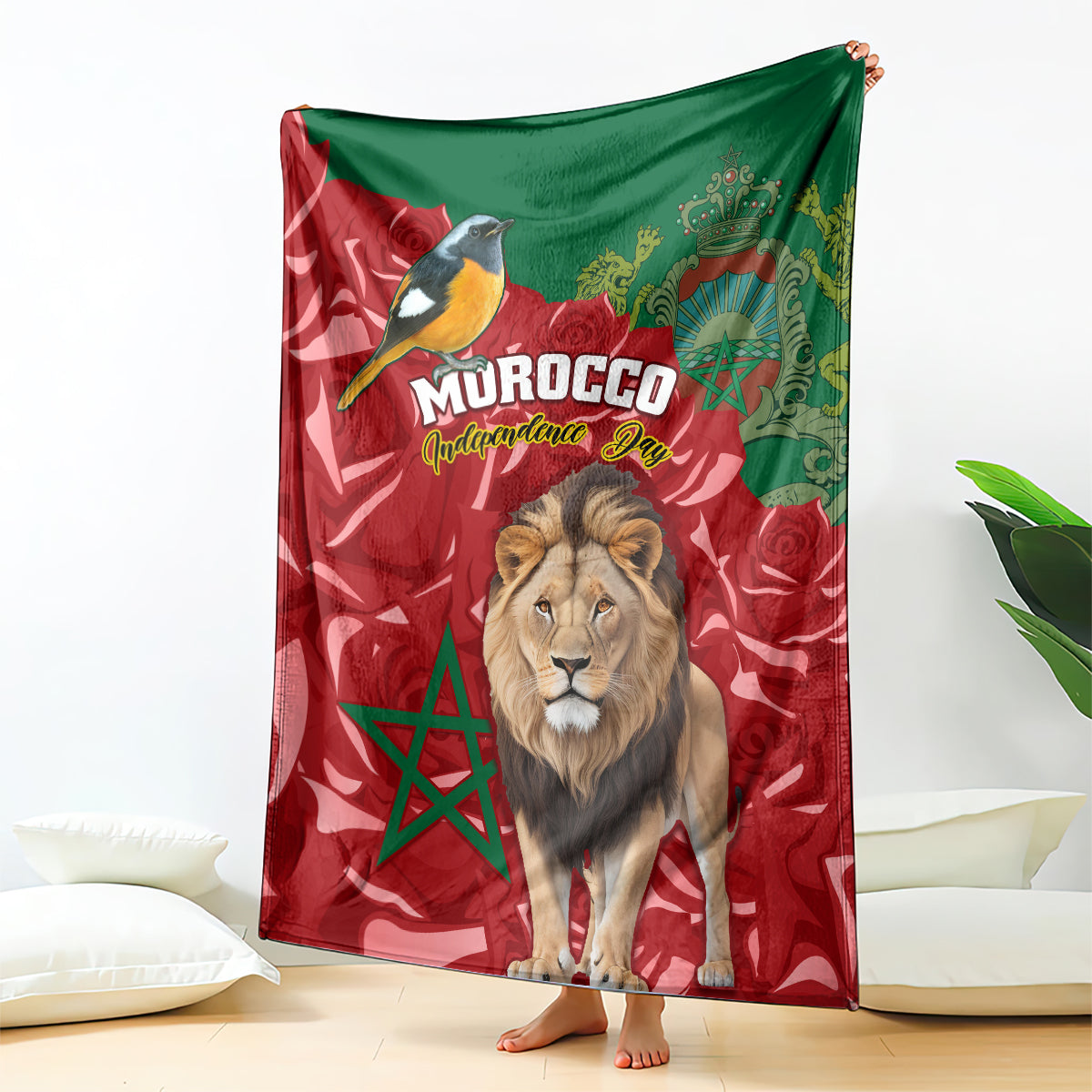 Morocco themed throw blanket with lion and bird on red-green flag design