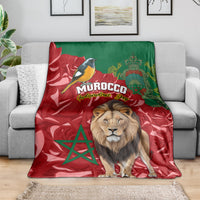 Morocco themed throw blanket, red-green flag with lion portrait, bird, and “MOROCCO” text