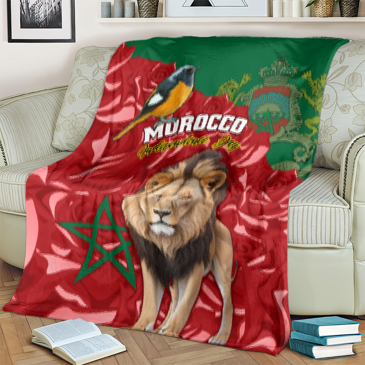 Red and green Morocco throw blanket featuring a lion face and bird above “MOROCCO”