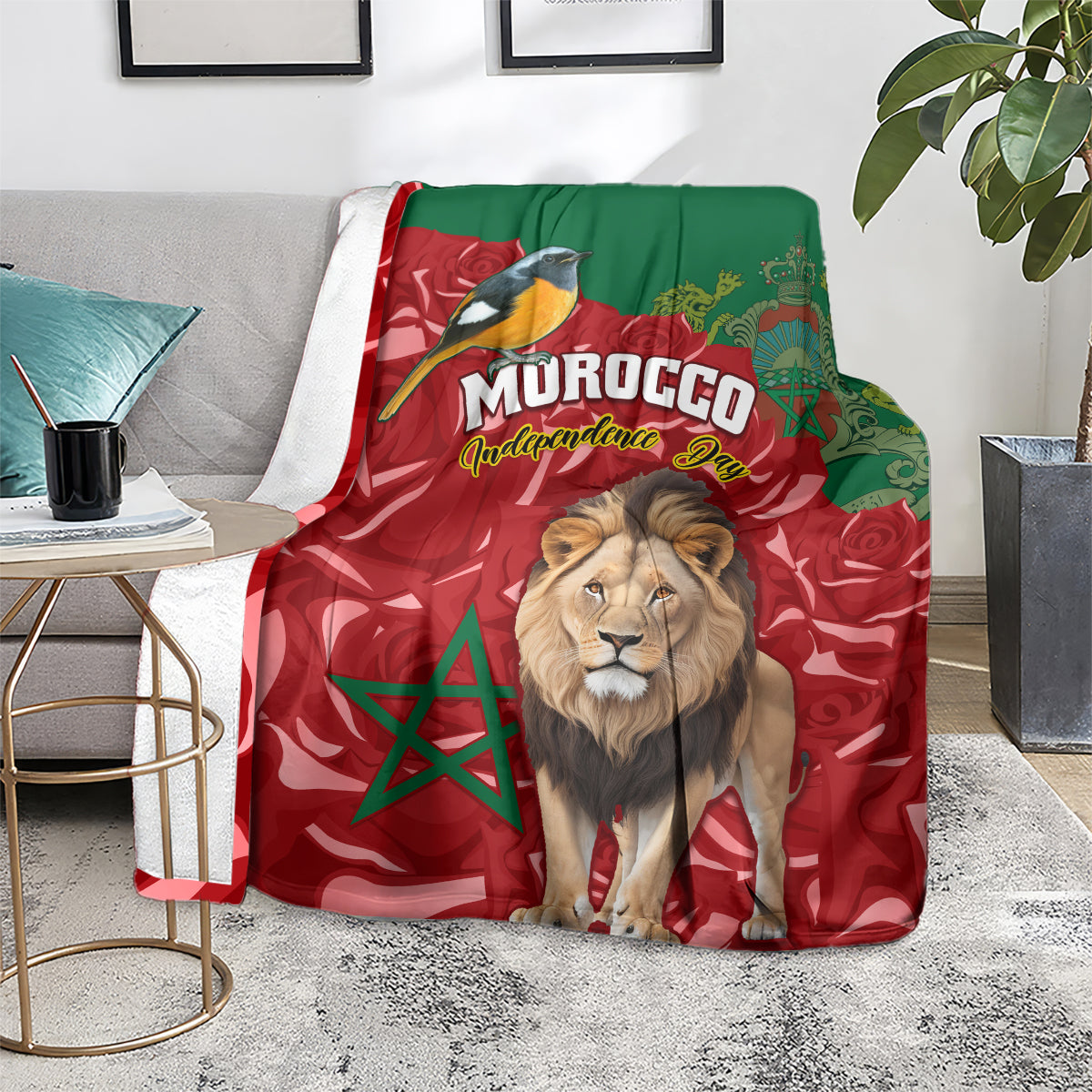 Morocco themed throw blanket draped display, red-green flag with lion and “MOROCCO”