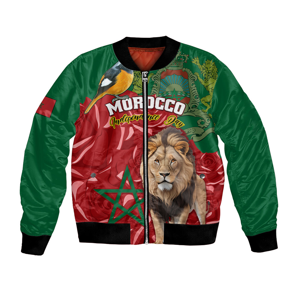 Unisex bomber jacket with green sleeves, red Moroccan flag panels, lion and bird print