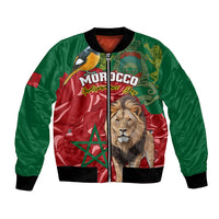 Unisex bomber jacket with green sleeves, red Moroccan flag panels, lion and bird print