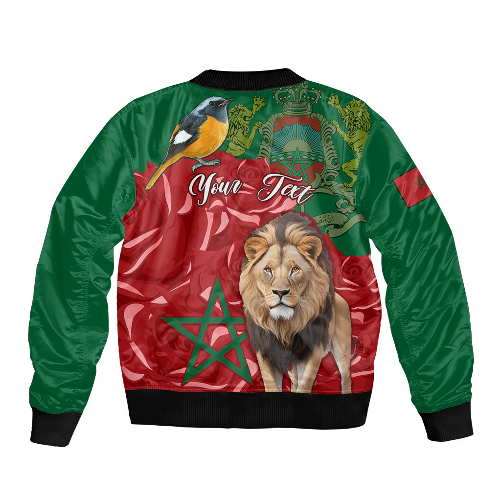 Unisex bomber jacket back with lion and bird graphic on Moroccan flag, ribbed hem