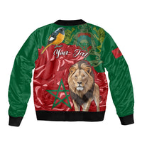 Unisex bomber jacket back with lion and bird graphic on Moroccan flag, ribbed hem