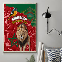 Framed Morocco flag wall art featuring a lion, yellow bird, and green star on red cloth