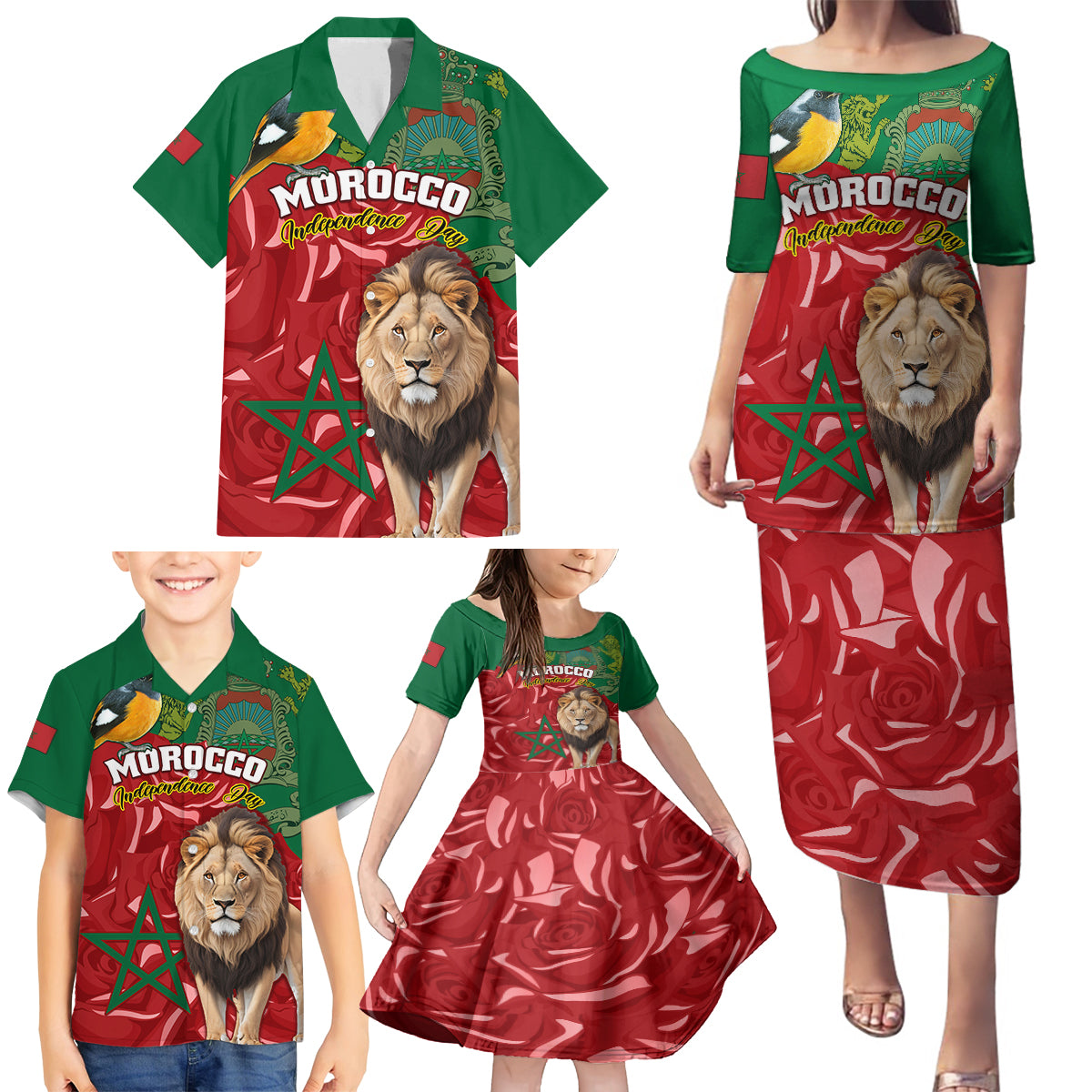 Morocco Independence Day Family Matching Puletasi Dress and Hawaiian Shirt Barbary Lion With Moussier Redstart - Wonder Print Shop