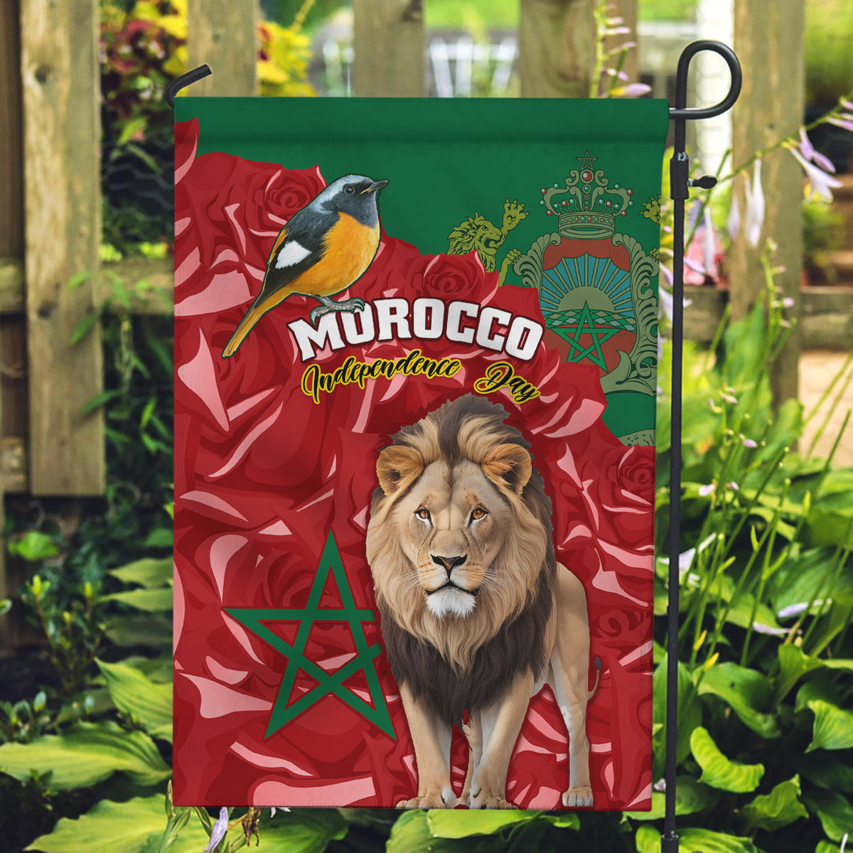 Morocco Independence Day Garden Flag Barbary Lion With Moussier Redstart - Wonder Print Shop