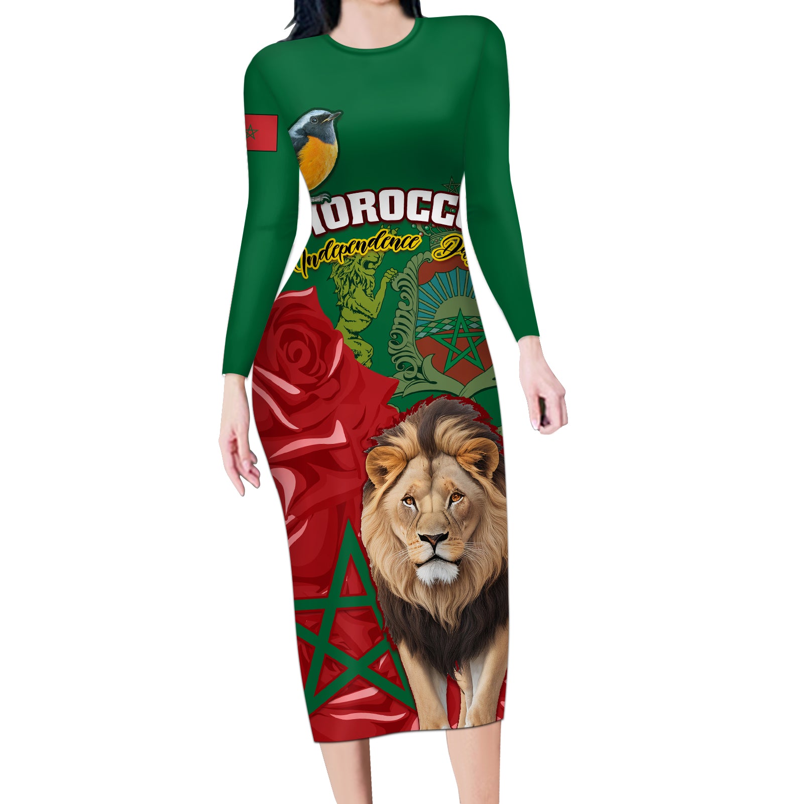 morocco-independence-day-long-sleeve-bodycon-dress-barbary-lion-with-moussier-redstart