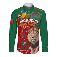Green long-sleeve button shirt with Morocco graphic, lion face and bird