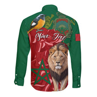 Green long-sleeve button shirt, back print with lion and Moroccan flag