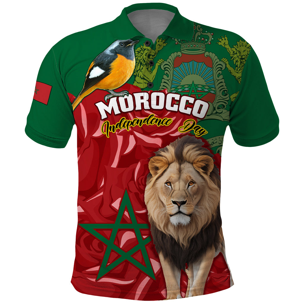 Morocco Independence Day Polo Shirt Barbary Lion With Moussier Redstart - Wonder Print Shop