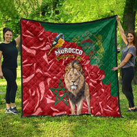 Moroccan themed quilt, red and green flag with lion and bird, Morocco Independence Day text