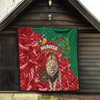 Moroccan themed quilt showing red and green flag, lion portrait, bird and Morocco text