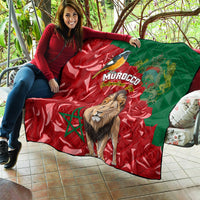 Moroccan themed quilt with red/green flag, lion face and bird above, Independence Day text