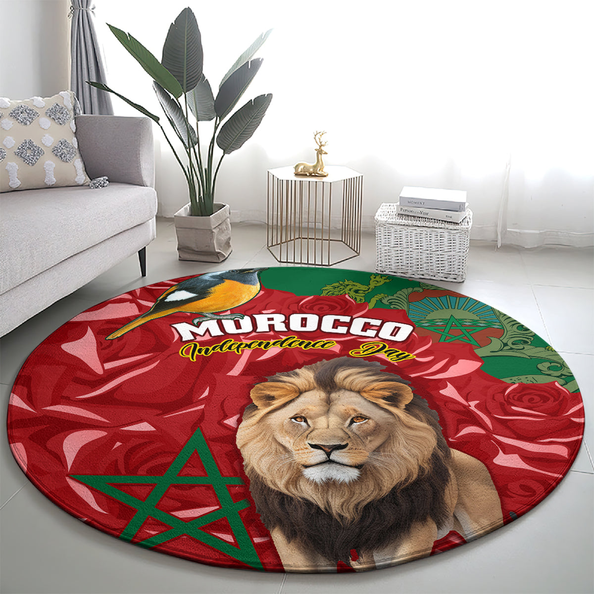Round Morocco lion graphic carpet, full circular design with lion portrait