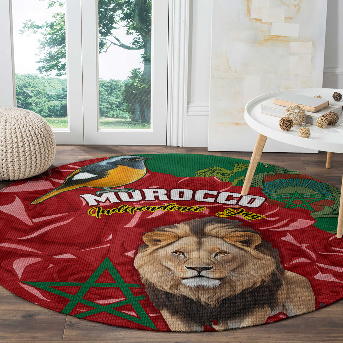 Round lion face Morocco graphic carpet with red and green patterned background