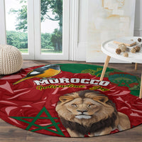 Round lion face Morocco graphic carpet with red and green patterned background