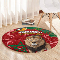 Round Morocco lion graphic carpet on wood floor with red and green design