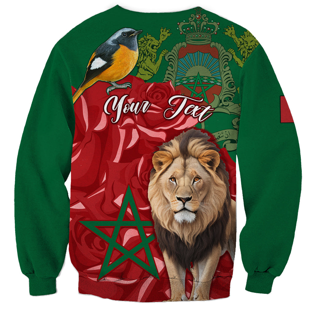 Unisex green sweatshirt with lion portrait, bird and Moroccan-themed flag graphic