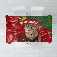 Red and green Morocco-themed tablecloth with lion and rosette graphic