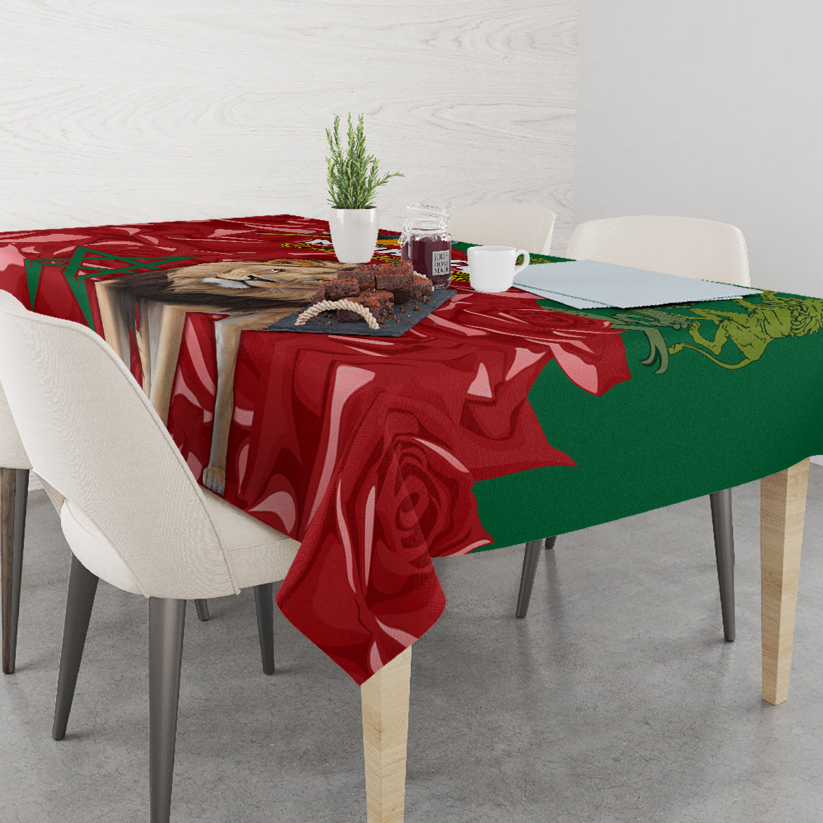 Red and green Morocco motif tablecloth on a rectangular dining table