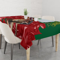 Red and green Morocco motif tablecloth on a rectangular dining table