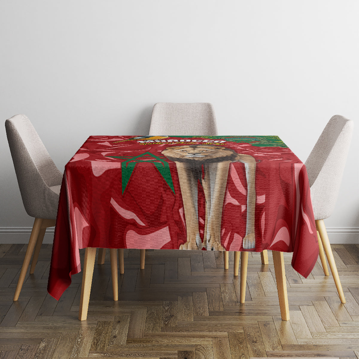 Red printed tablecloth with lion design on a round dining table