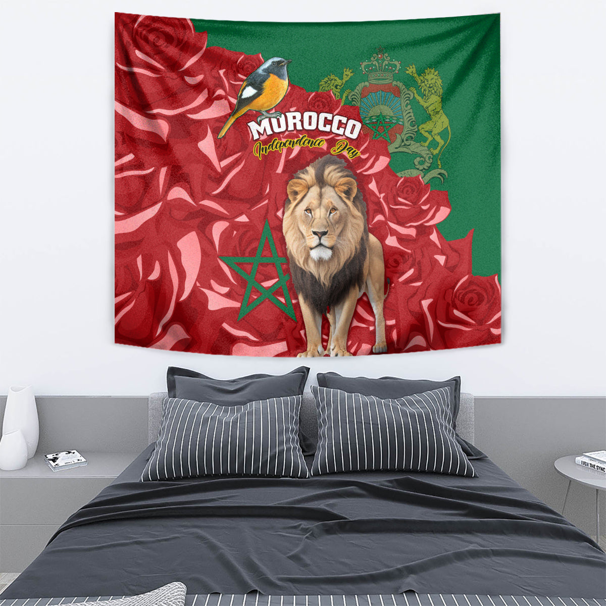 Morocco Independence Day tapestry featuring lion in red and green flag design