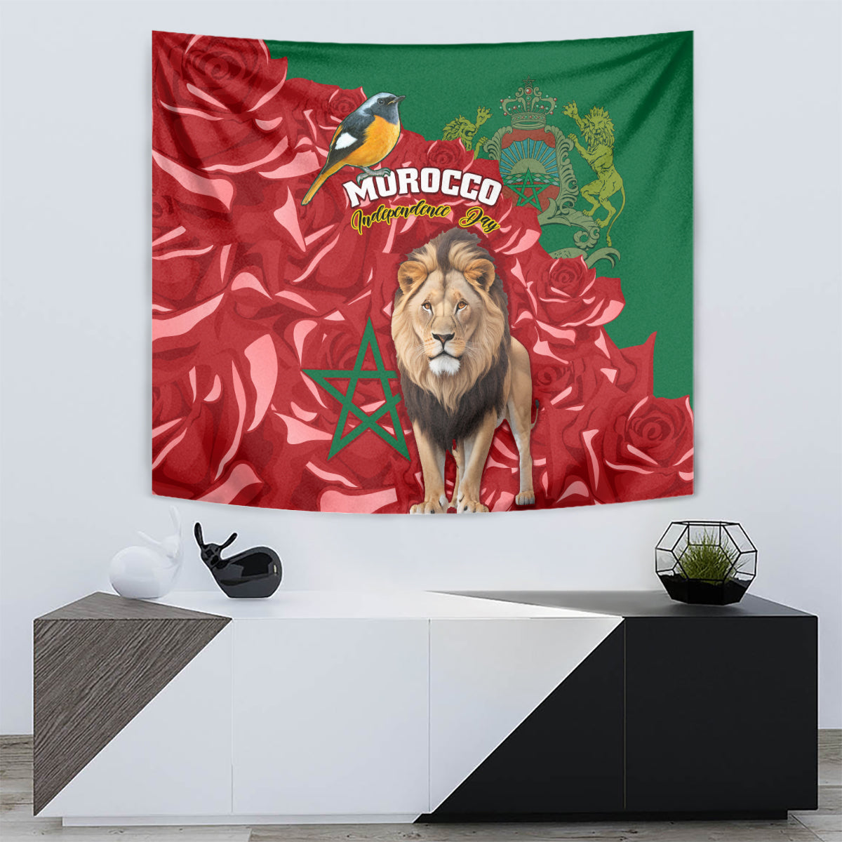 Morocco Independence Day tapestry showing lion portrait, bird above, and Moroccan emblem