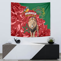 Morocco Independence Day tapestry showing lion portrait, bird above, and Moroccan emblem
