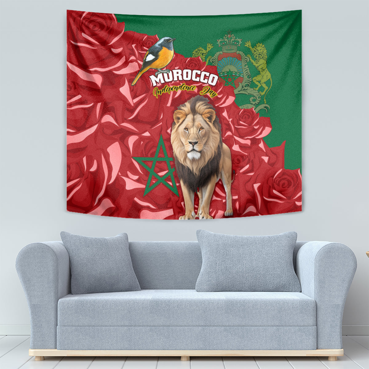 Morocco Independence Day tapestry with lion in center, green emblem, red floral waves