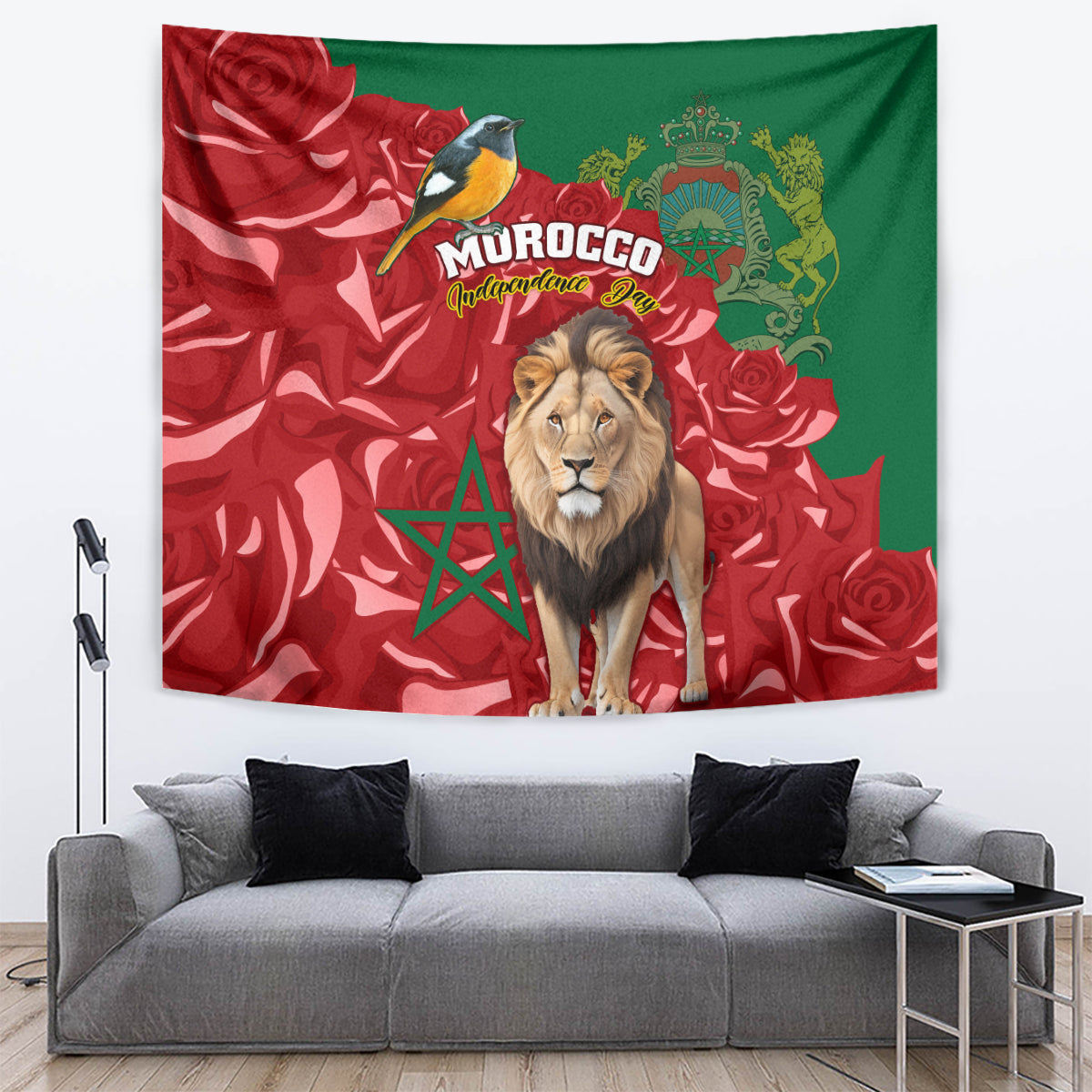 Morocco Independence Day tapestry with lion, Morocco script, bird, and red rose pattern