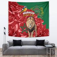 Morocco Independence Day tapestry with lion, Morocco script, bird, and red rose pattern