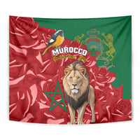 Morocco Independence Day tapestry close-up with lion, Morocco lettering, and bird