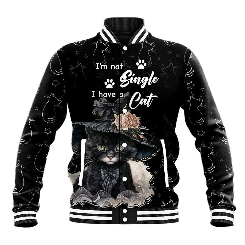 Black unisex baseball jacket with cat and paw-print graphic; striped ribbed collar