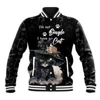 Black unisex baseball jacket with cat and paw-print graphic; striped ribbed collar