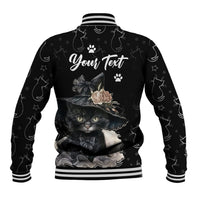 Black unisex baseball jacket with cat face graphic on back; striped ribbed cuffs