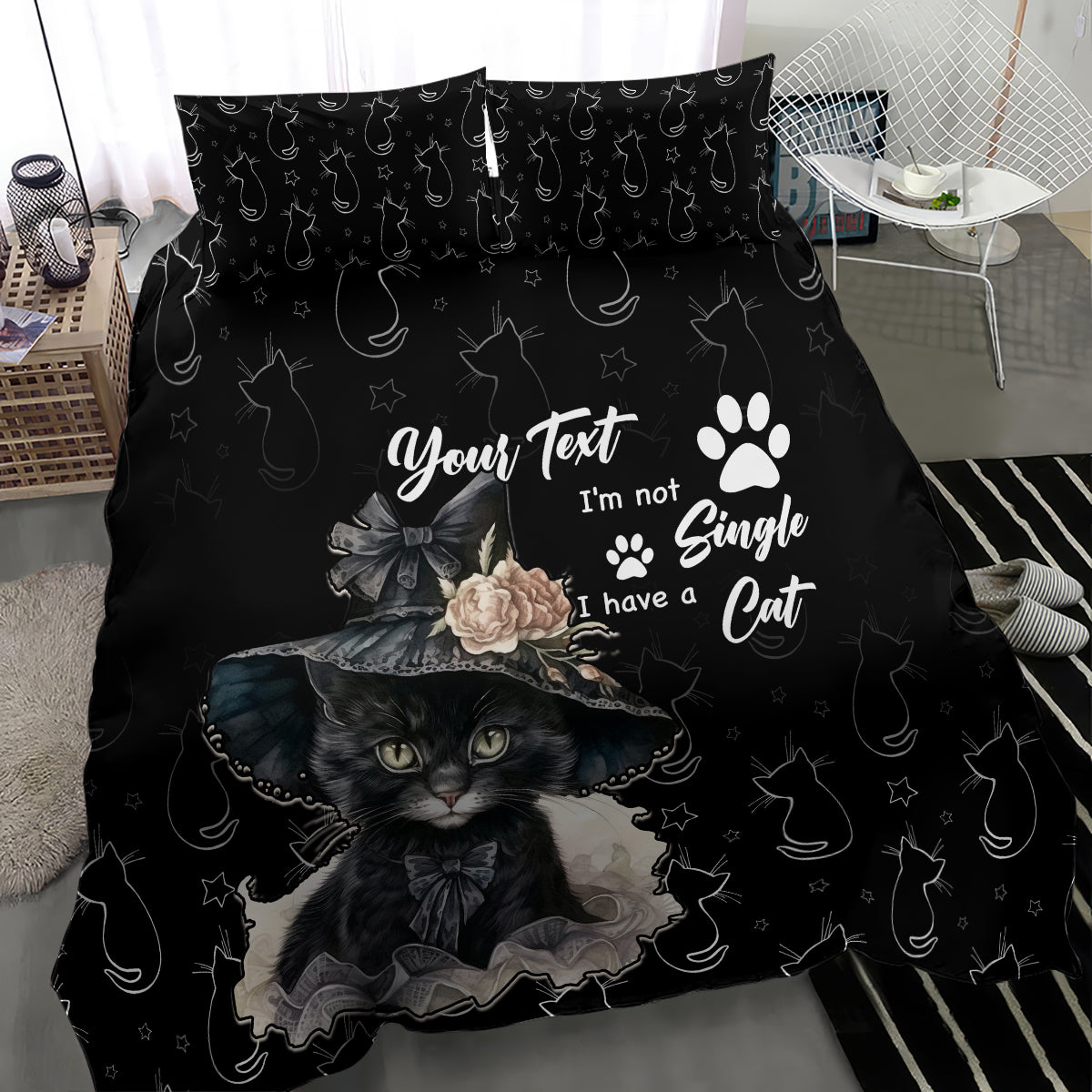Black cat bedding set featuring cat portrait artwork and paw-print motif