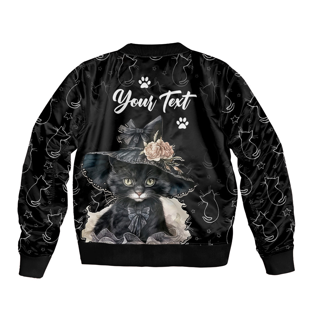 Unisex black bomber jacket with cat portrait graphic and 'Your Text' on back