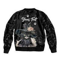 Unisex black bomber jacket with cat portrait graphic and 'Your Text' on back