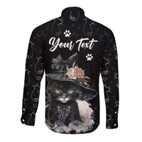 Black long-sleeve button shirt with cat and rose graphic, 'Your Text' on back