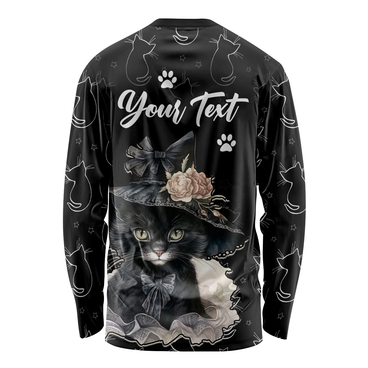 Unisex black long sleeve shirt with back cat graphic and script text